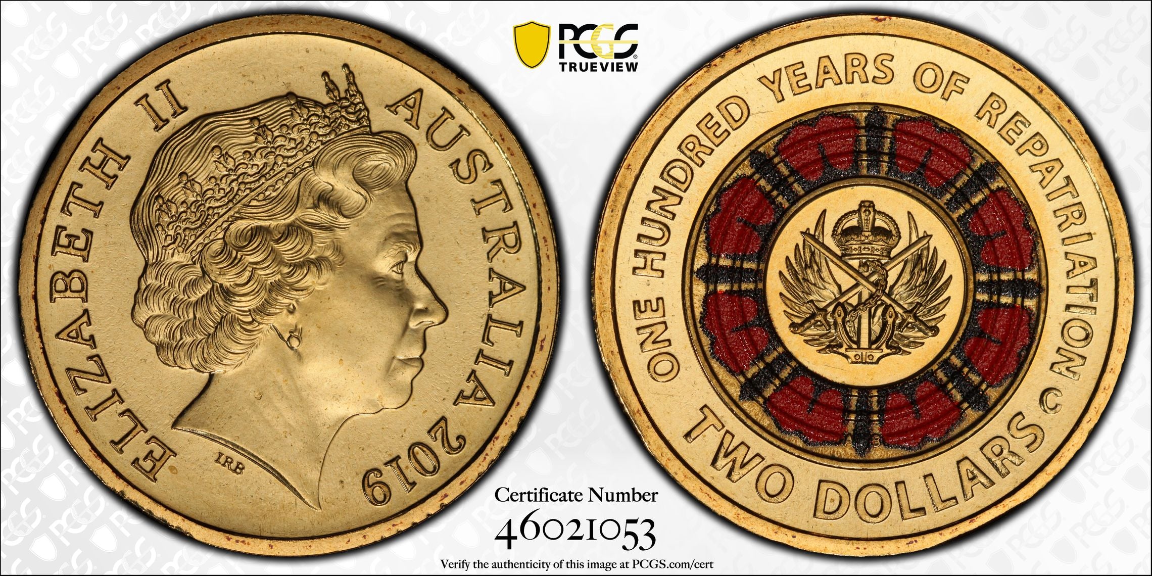 2019 $2 "C" Mintmark Coloured 100 Years of Repatriation PCGS Graded Coin MS68